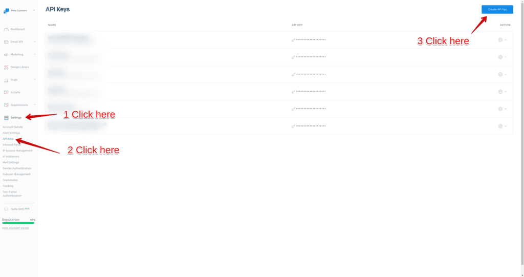 Image of Twilio's SendGrid dashboard and where to find your API keys.